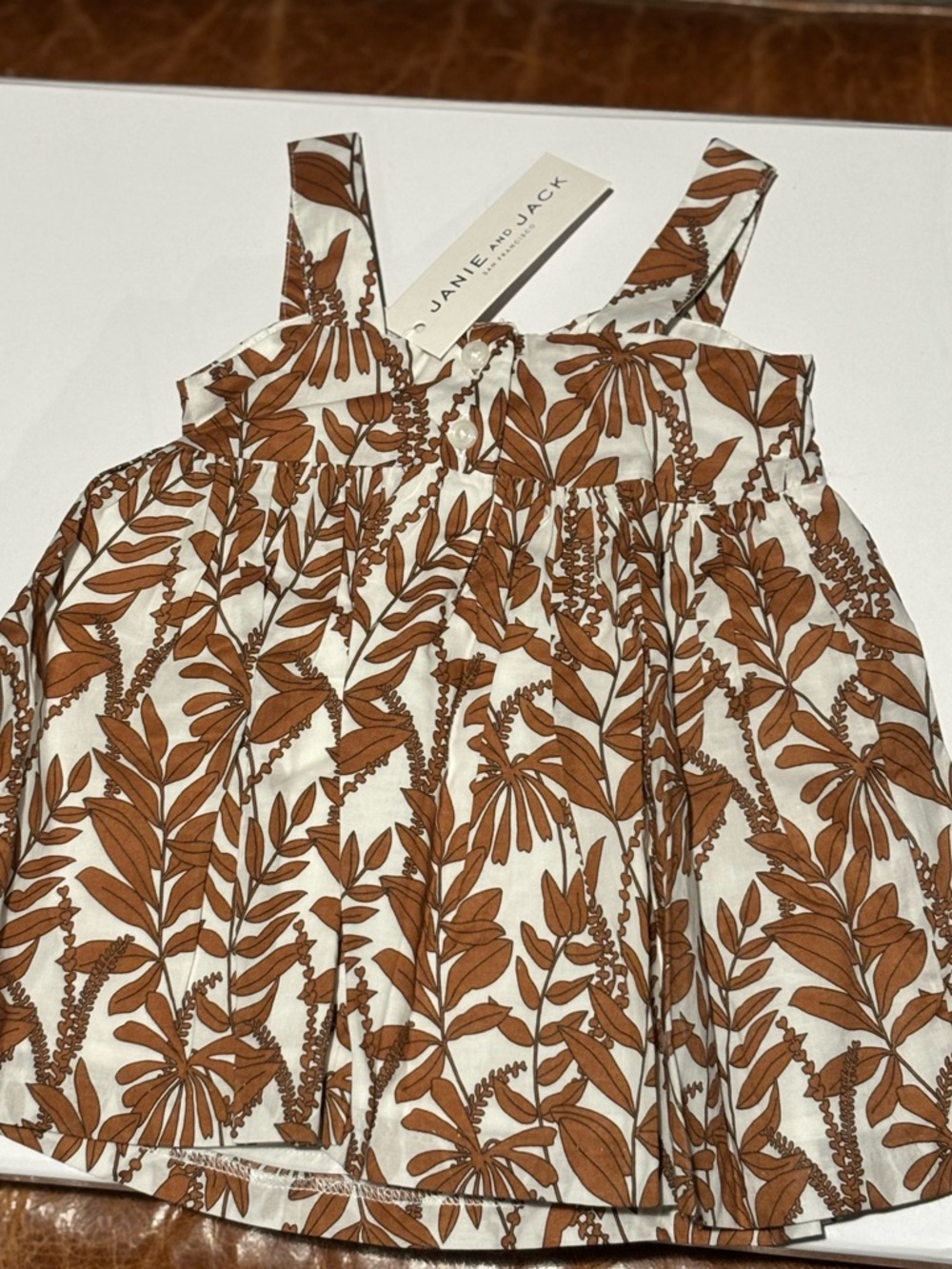 Janie and Jack Brown Infant Leaf-Print Strap Sundress on Cream - Picture 3 of 6